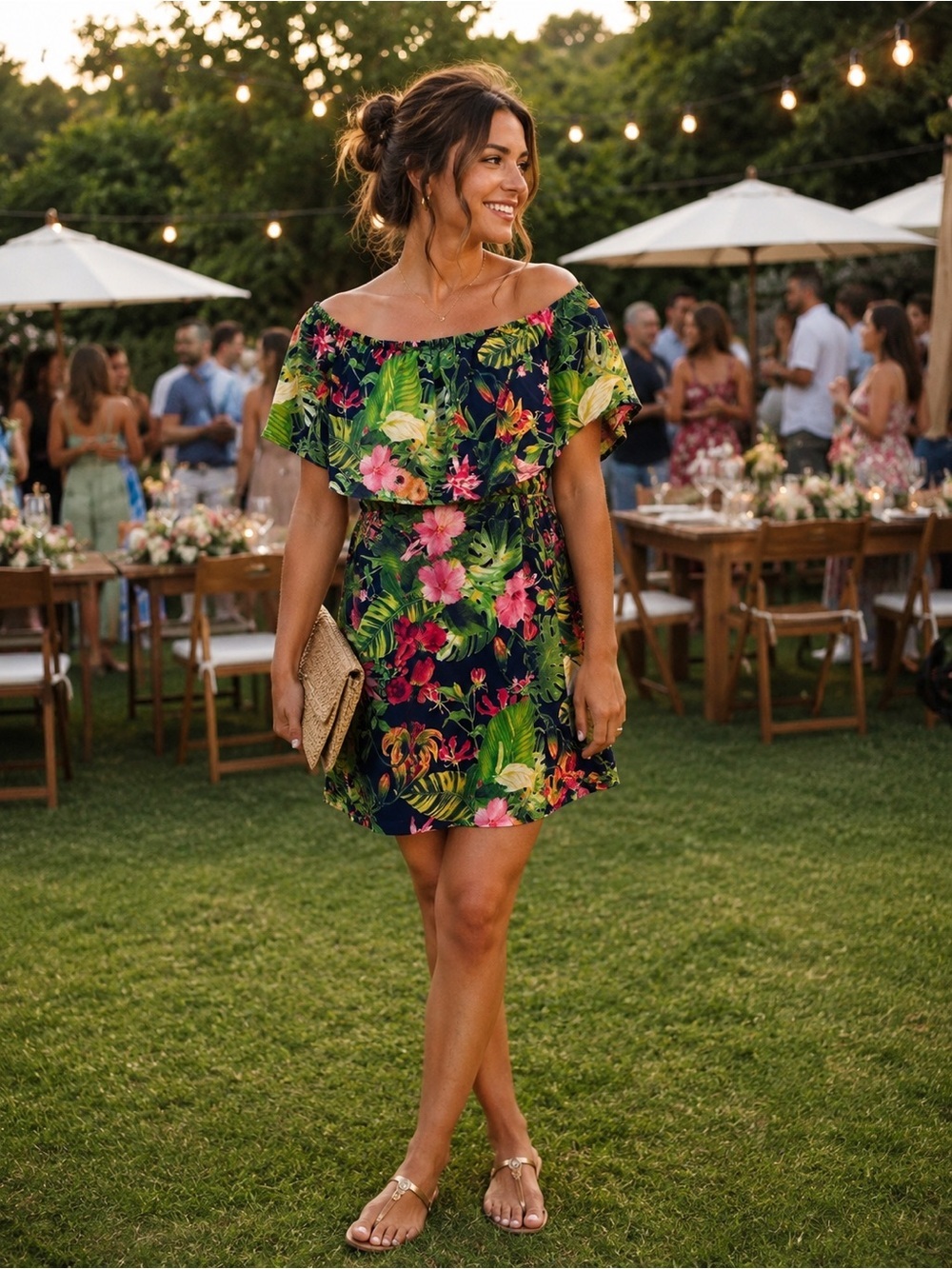 IRIS Navy Tropical Floral Off-Shoulder Rayon Dress Sz S Boho Feminine Fun Flowy